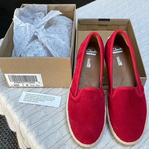 Clarks Shoes - NIB Clarks red suede leather espadrilles sz 7. Azella Theoni Soft cushion soles.